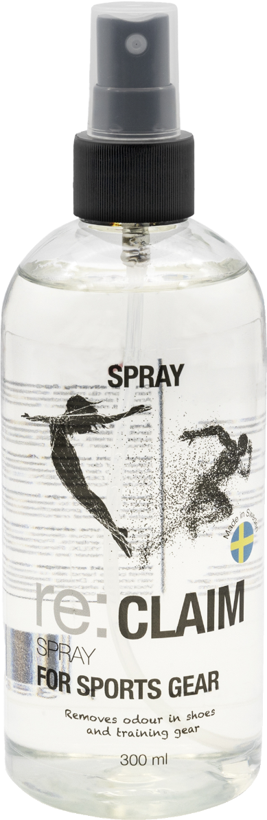 A clear spray bottle with a label featuring text and a graphic of a person engaging in a sport, indicating that the product is designed for sports gear.